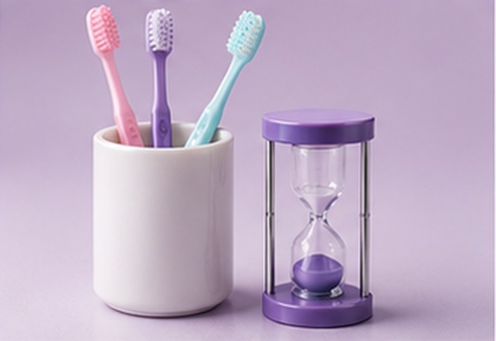 Bunte Kinderzahnbürsten im Becher mit Sanduhr für die Putzzeit